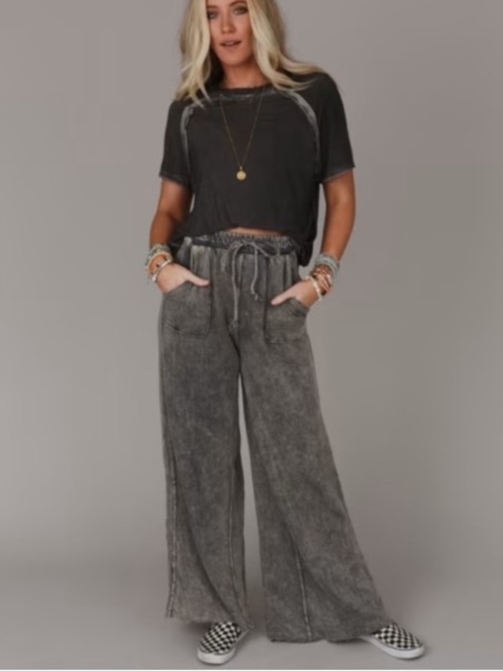 Three Bird Nest So Comfy Wide Leg Pant Full Length Large Gray Medium NWT